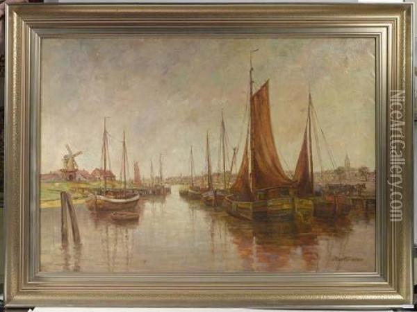 Schiffe Im Hafen. Oil Painting - Harlander