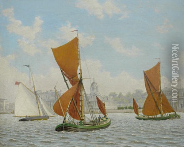 Barges On The Thames (+ Off Greenwich; Pair) Oil Painting - John Mulcaster Carrick