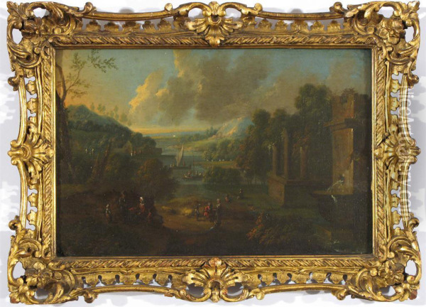 Classical Landscapes With Figures And Boats On A Lake Beyond Oil Painting - Adriaen Frans Boudewijns