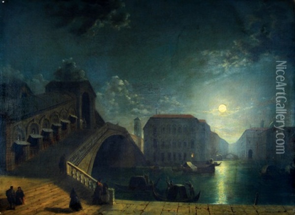 A Moonlit View Of The Rialto Bridge In Venice Oil Painting - Henry Pether