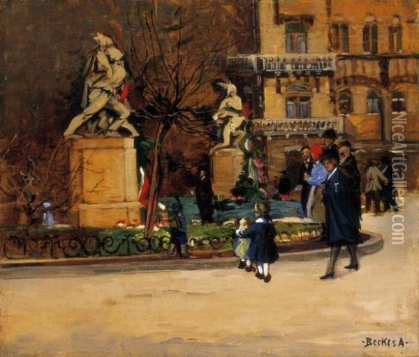 The Kodaly Koron With The Statue By Zsigmong Kisfaludy Strobl Oil Painting - Antal Berkes