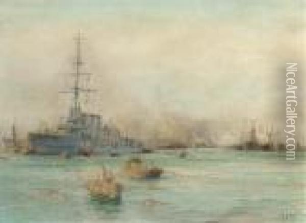 H.m.s. Undaunted At Harwich Oil Painting - William Lionel Wyllie