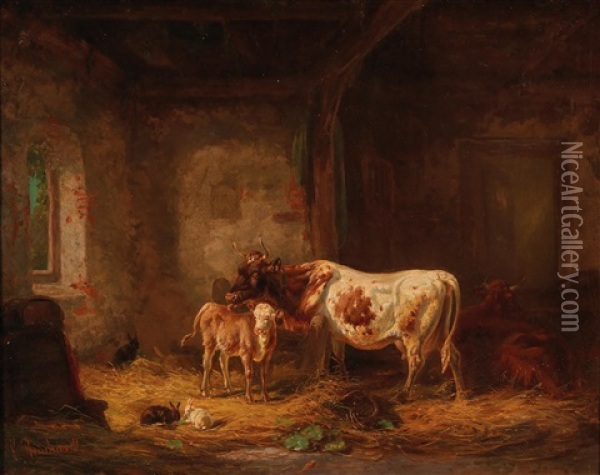 Cows And Rabbits In The Barn Oil Painting - Louis (Ludwig) Reinhardt