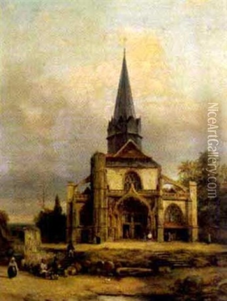 Ansicht Einer Gotischen Kirche Mit Figurlicher Staffage Oil Painting - Francois Etienne Villeret