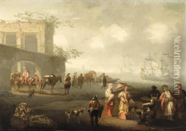 A Coastal Landscape With Elegant Figures And Travellers By Thewalls Of A City Oil Painting - Jacobus De Jonckheer