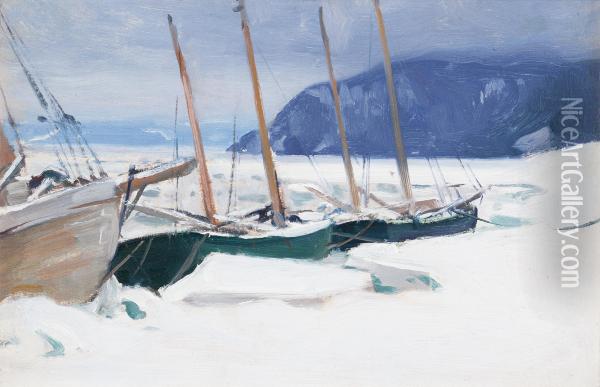 Schooners In Ice Floes, Baie St. Paul Oil Painting - Clarence Alphonse Gagnon