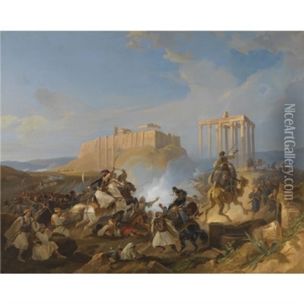 Battle Scene From The Greek War Of Independence Oil Painting - Georg (Christian Joh. G.) Perlberg