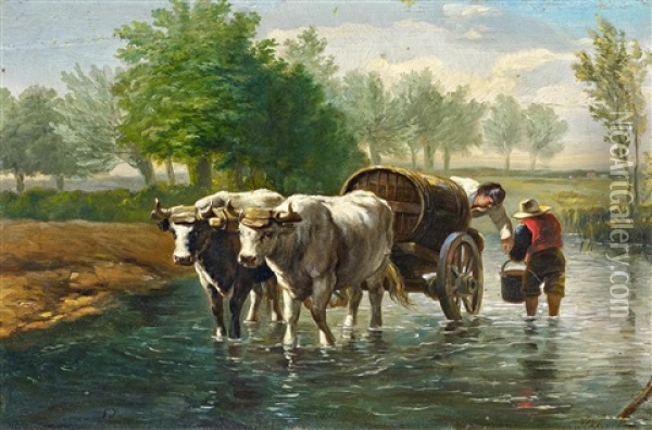 Bauern Mit Ochsenkarren Im Wasser Oil Painting - Jan Kobell III