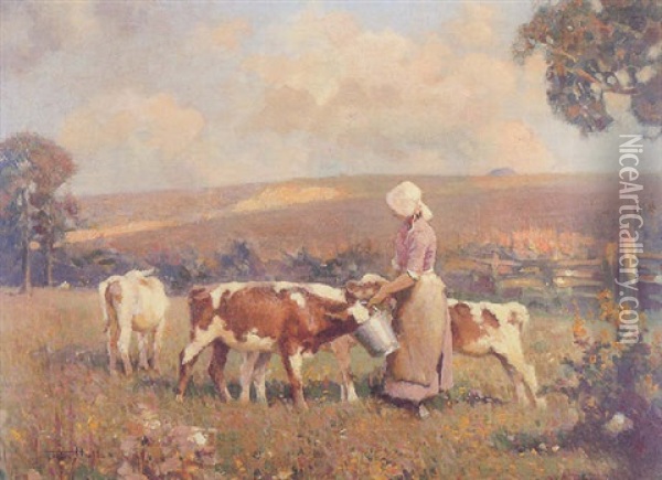Feeding Time; A Milkmaid Feeding Calves In A Paddock Oil Painting - Frederick Hall