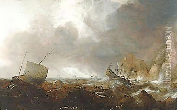 Fishing Boats In A Stormy Sea Oil Painting - Simon De Vlieger