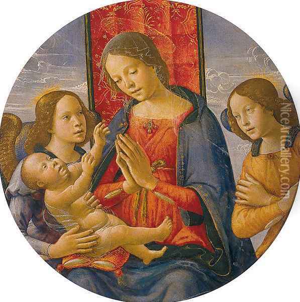 Virgin Adoring the Child with Two Angels 1490s Oil Painting - Bastiano Mainardi