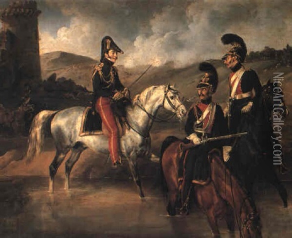 French Officer And Troopers, Probably In A Penninsular War Setting Oil Painting - Jean-Charles (Col.) Langlois