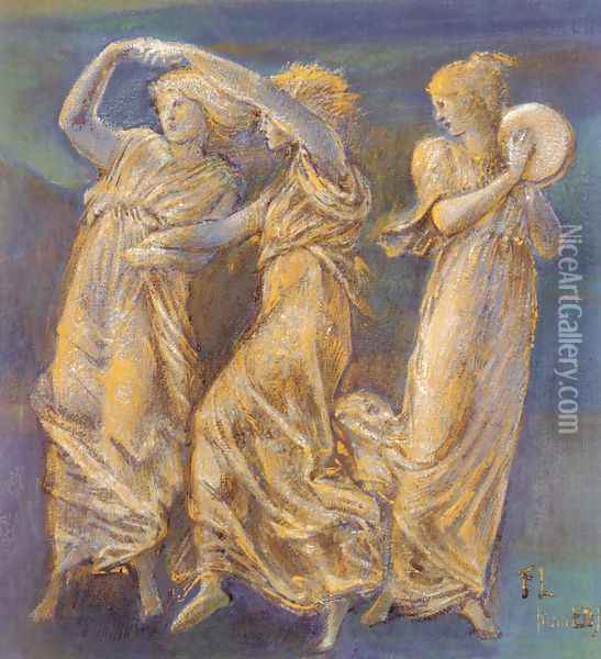 Three Female Figures Dancing And Playing Oil Painting - Sir Edward Coley Burne-Jones