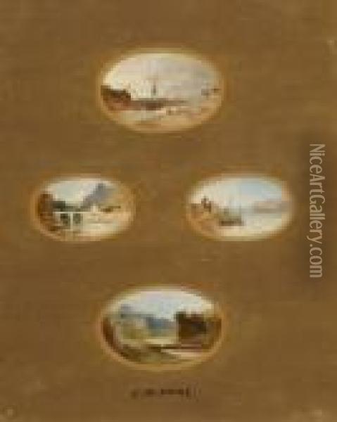 Four Landscape Miniatures In One Frame Oil Painting - James Baker Pyne