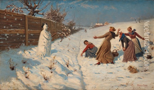 Throwing Snowballs Oil Painting - Hans Dahl