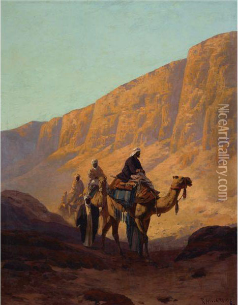 Caravan Passing Through A Wadi Oil Painting - Rudolf Hellgrewe