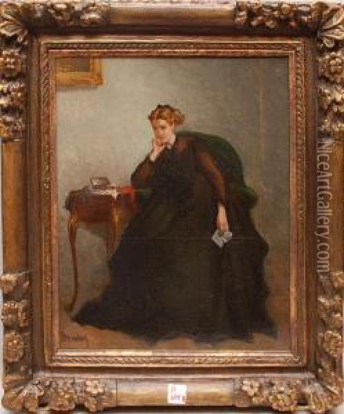 Interior Woman At
Vanity Desk Oil Painting - Alfred Stevens
