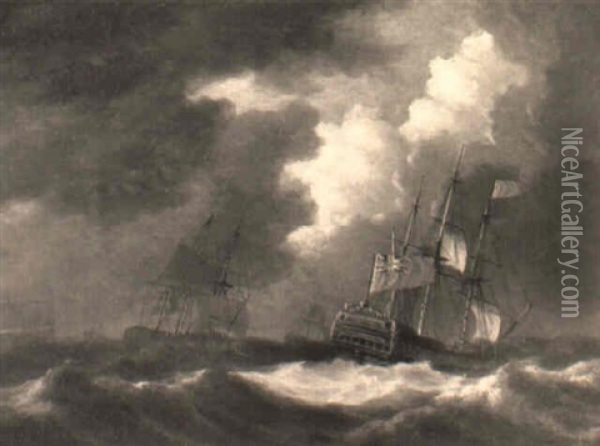 A British Man-o-war And Other Shipping In A Swell Oil Painting - Richard Paton