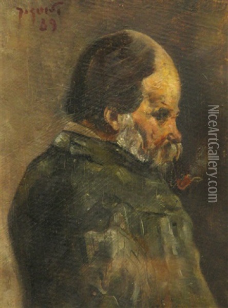 Old Man With Pipe Oil Painting - Constantin Jiquidi
