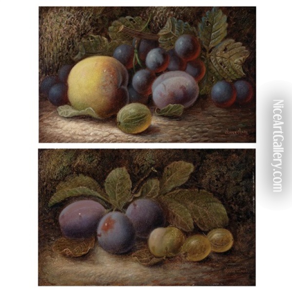Still Life With Peach, Plum, Grapes And Gooseberries Oil Painting - Oliver Clare