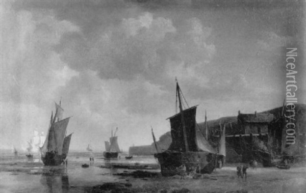 Schiffe Im Hafen Bei Ebbe Oil Painting - Adolf Friedrich Vollmer