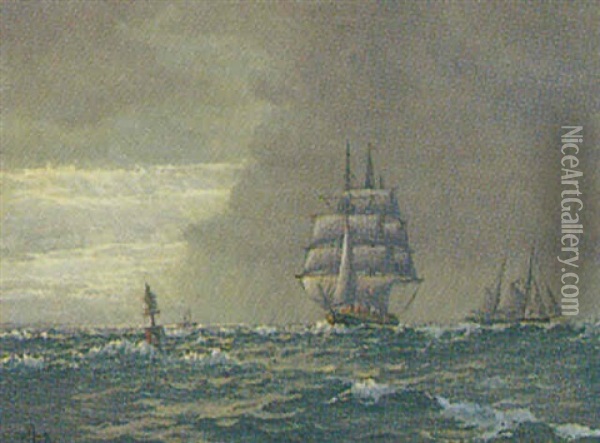 Marine, Sejlskibe Pa Havet, Uvejrsstemning Oil Painting - Emanuel A. Petersen