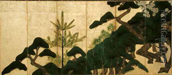 Six-Fold Screen depicting Pine and Cherry Blossoms, Edo Period Oil Painting - Nonomura Sotatsu