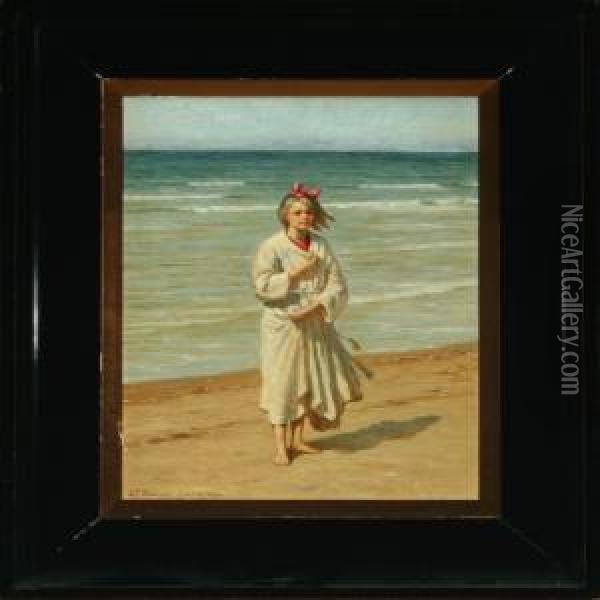Beach Withblond Girl In White Robe Oil Painting - Niels Frederik Schiottz-Jensen