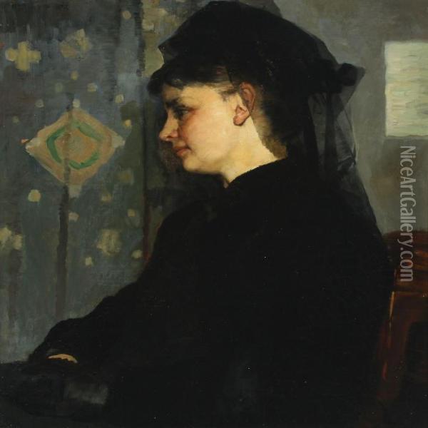 Portrait Of Young Woman In Black Oil Painting - Bertha Wegmann