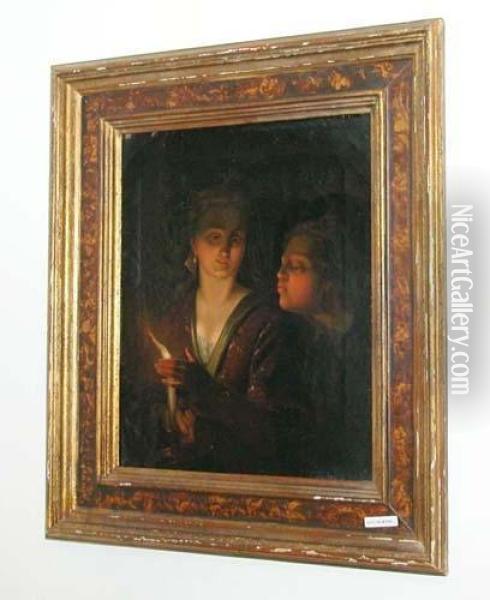 Zwei Figuren Im Kerzenschein. Oil Painting - Godfried Schalcken