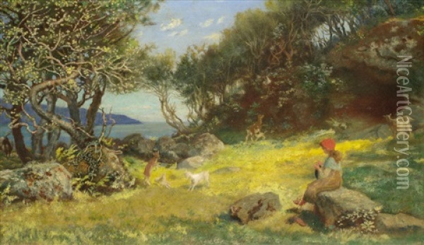 Goats At Play Oil Painting - Arthur Hughes