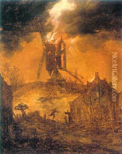 A Burning Mill By Night Oil Painting - Frans de Momper
