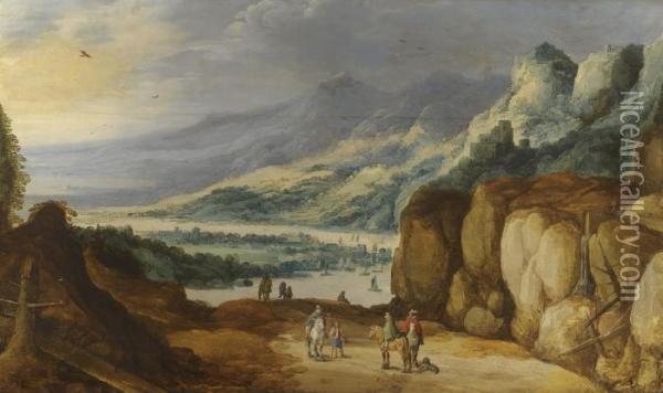An Extensive Mountainous River Landscape With Horsemen Conversing On A Raised Plateau Oil Painting - Joos De Momper