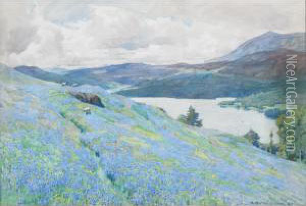 Sheep Grazing On A Spring Hillside With Bluebells Oil Painting - Alfred Heaton Cooper