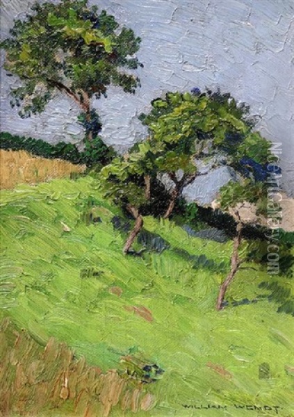 Trees On A Grassy Hillside Oil Painting - William Wendt