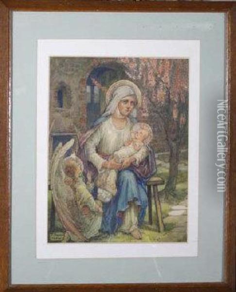 The Virgin & Child Attended By An Angel Oil Painting - Noyes-Lewis