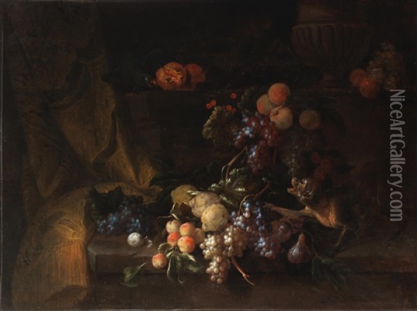 A Still Life Of Fruit With A Monkey And Parrot Oil Painting - Jan Pauwel Gillemans The Elder