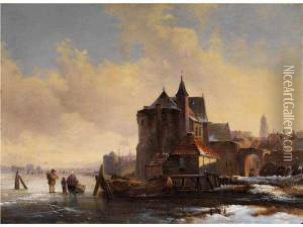Hollandische Winterlandschaft Mit Blick Auf Ein Stadtchen Oil Painting - Louis Smets