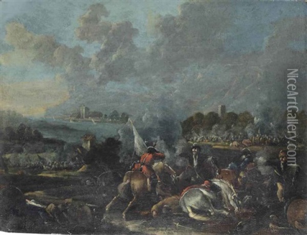 A River Landscape With A Cavalry Skirmish Oil Painting - Karel Breydel