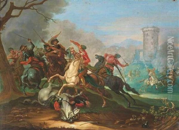 D. A. . A Cavalry Skirmish Oil Painting - Georg Philipp I Rugendas