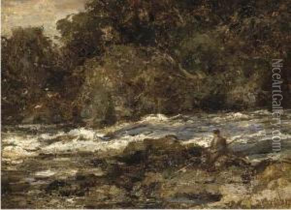 An Angler On The Bank Of A Rocky River Oil Painting - William Stewart MacGeorge