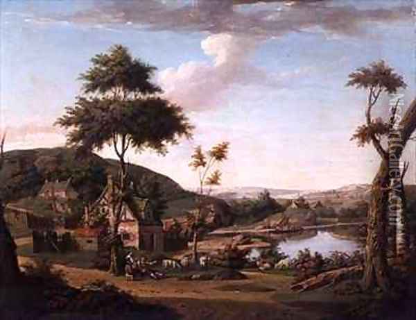 River landscape with Figures Outside a Cottage Oil Painting - William Deas
