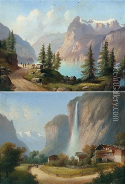 Der Staubbachfall Im Lauterbrunnental, Berner Oberland (+ Die Axenstrasse Am Vierwaldstattersee; 2 Works) Oil Painting - Hubert Sattler