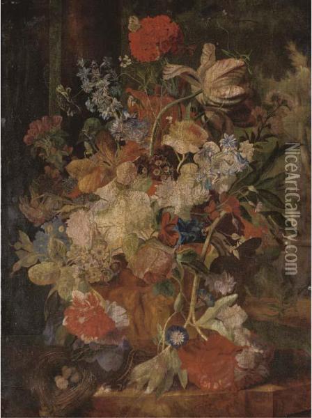 Tulips, Morning Glory, And Other
 Flowers In A Sculpted Urn With Abirds Nest On A Ledge, Figures In A 
Garden Beyond Oil Painting - Jan Van Huysum