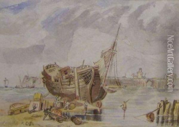 Coastal Harbour With Fishermen And Boat Oil Painting - William Clarkson Stanfield