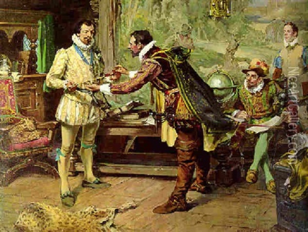Sir Francis Drake At Cadiz, Receiving A Pipe Oil Painting - Arthur David Mccormick