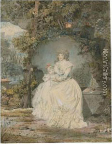 Portrait Of A Mother And Daughter, Seated In A Grotto In Alandscape Oil Painting - Wolfgang-Adam Toepffer