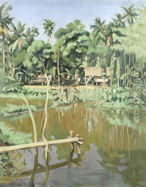 Village Scenes, Laos, A Pair Oil Painting - George Barriere