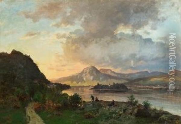 Folkeliv Ved Innsjo 1875 Oil Painting - Morten Muller