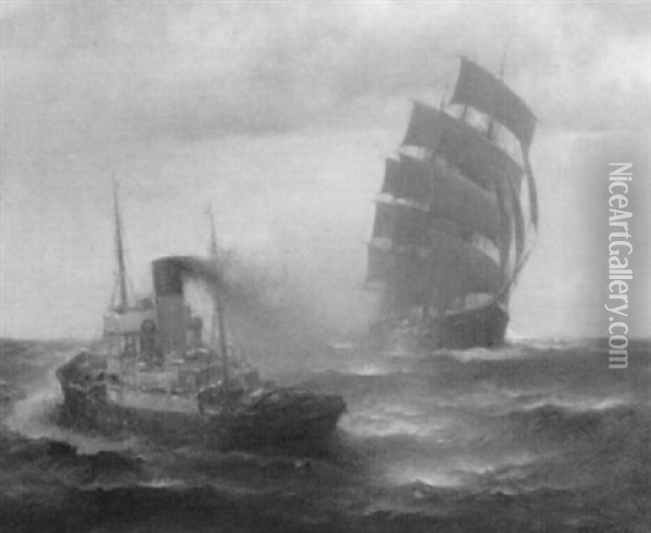Dampfschlepper Und Vollschiff Auf Hoher See Oil Painting - Franz Mueller-Gossen